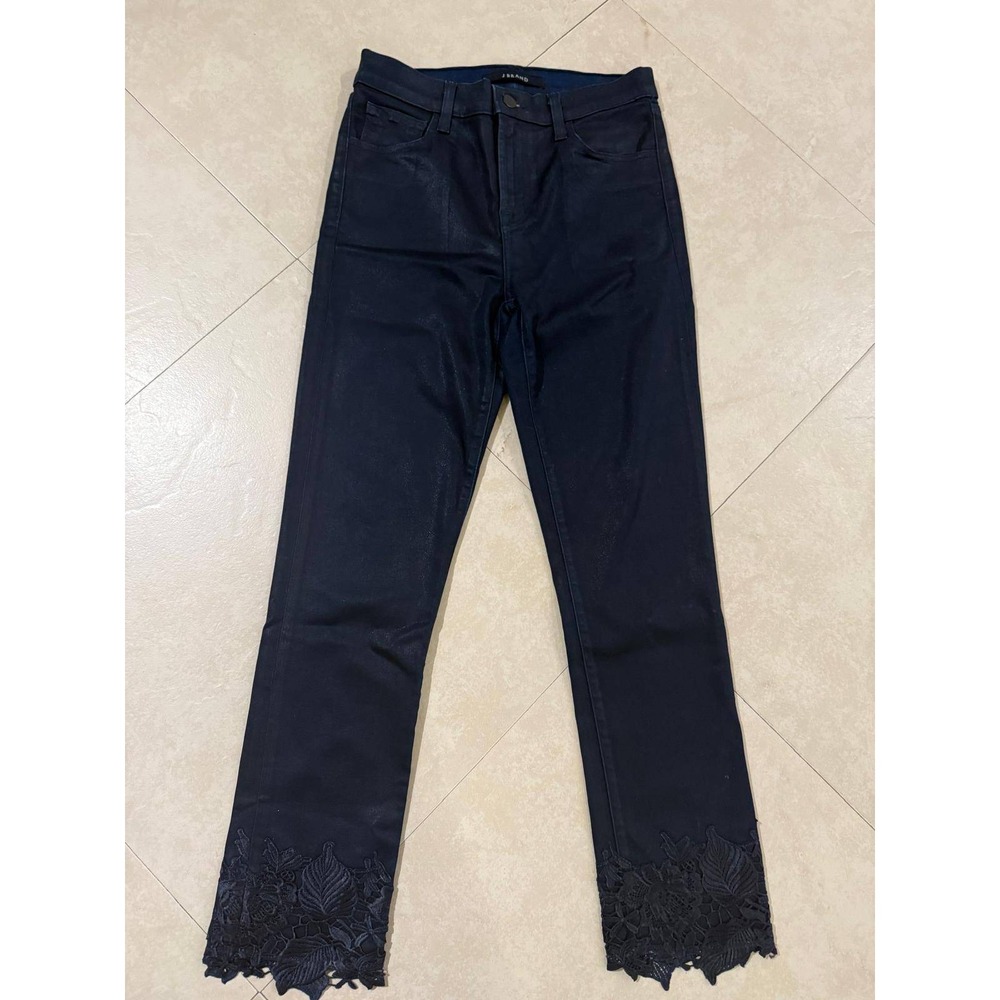 J Brand Ruby Electric Blue Coated High Rise Skinny‎ Jeans Lace Hem Size 26